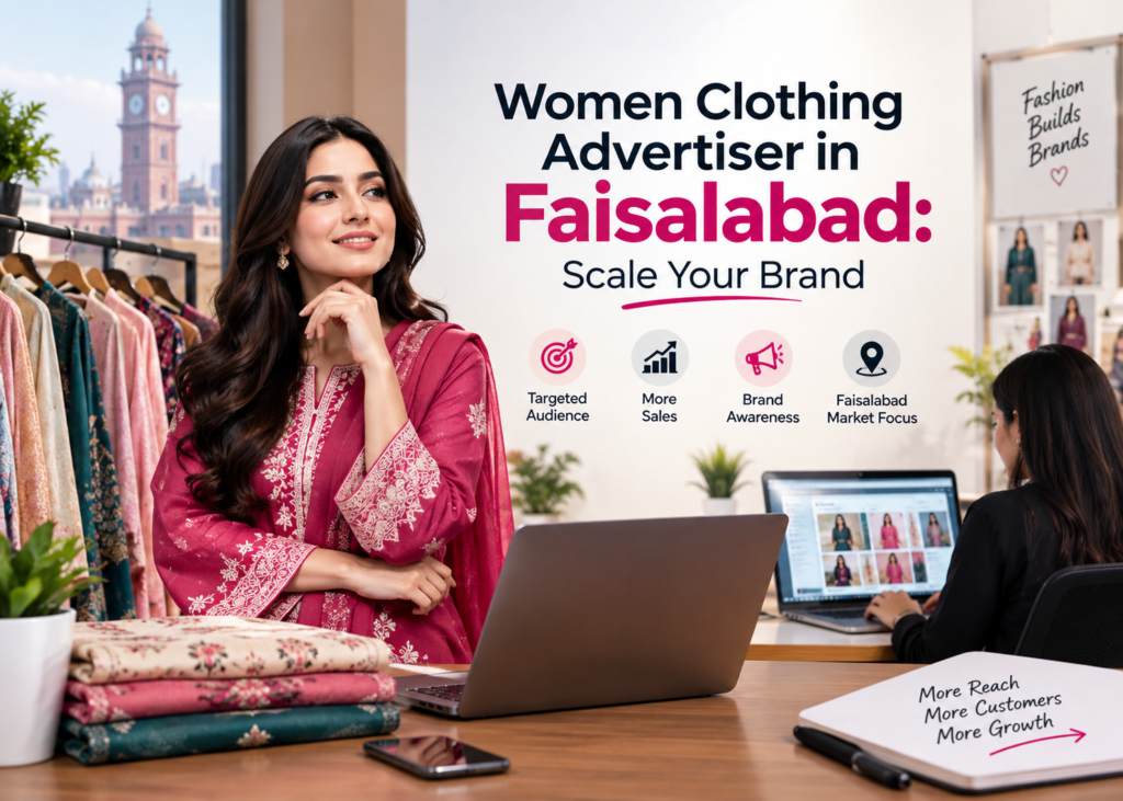 Women Clothing Advertiser in Faisalabad: Scale Your Brand for thsi post but change design add humans which compatible with this title